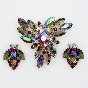 Vintage Smoky Gray Red AB Rhinestone Brooch and Clip-On Earrings Set 1950s